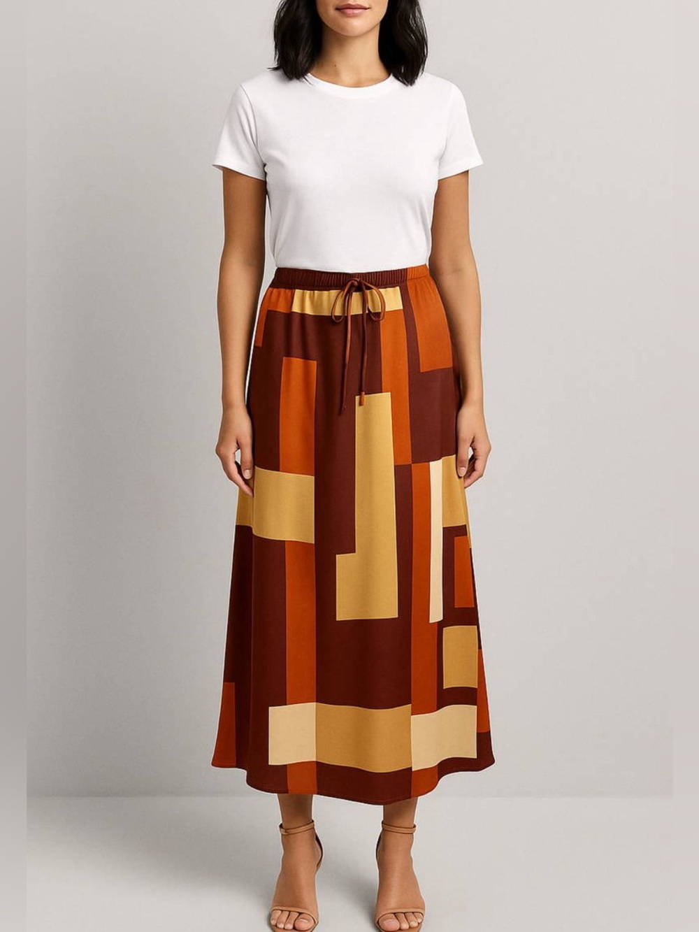DISSH Hollie Mahogany Geometric Satin Skirt Elastic Waist Midi Retro Mod 70’s 12